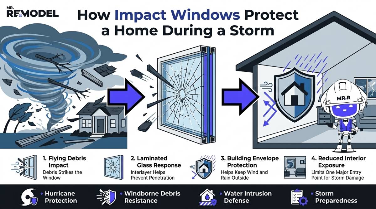 Exploded engineering-style infographic illustrating the layered construction of an impact-resistant window including laminated glass, reinforced framing, and anchoring components.